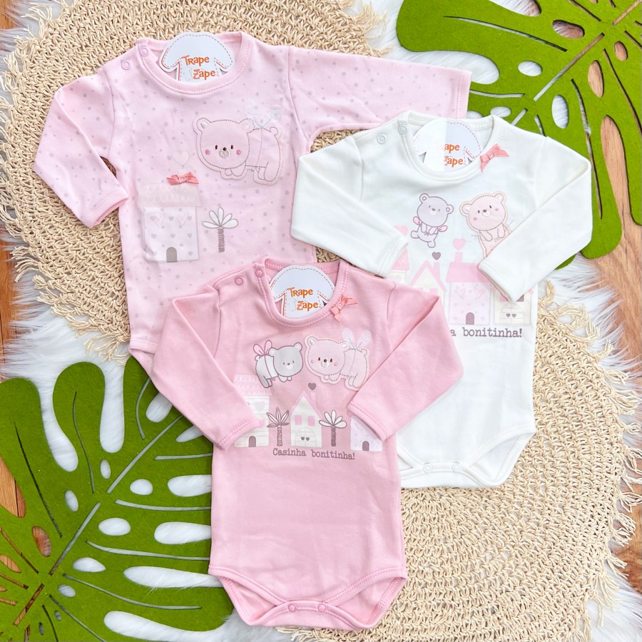 Kit 3 Peças - Bodys Manga Longa - Ursinhas Fadinhas - Rosa, Off White e Rose